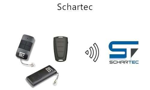 Drei verschiedene Handsender und eine Funkwelle, die auf das Schartec Logo zugeht